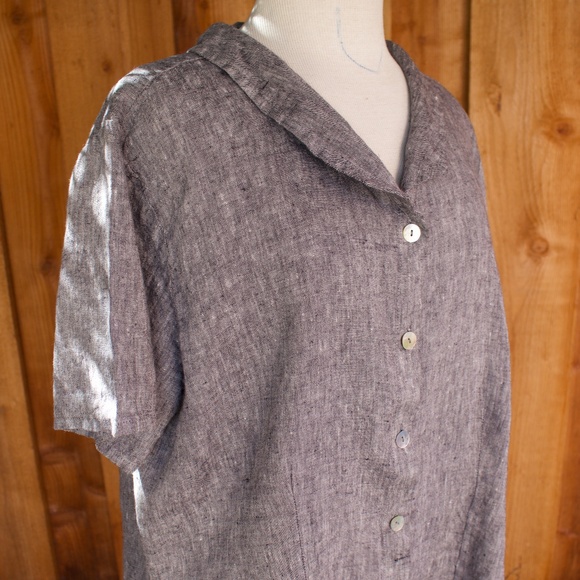 Flax 100% Linen Charcoal Grey Short Sleeve Button Down Blouse - Picture 13 of 14